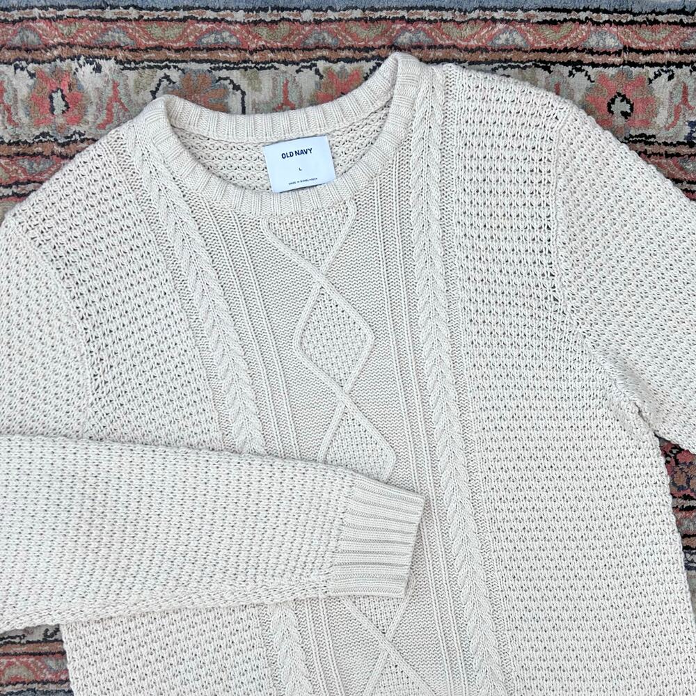 Old Navy Men's 100% Cotton Cable Knit Fishermen Cream Crewneck Sweater LARGE